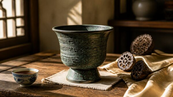 A weathered bronze ritual vessel on a dark museum pedestal, lit by a soft spotlight