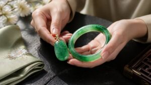 Jadeite bangle on wet marble ledge, soft light, elegant spa mood