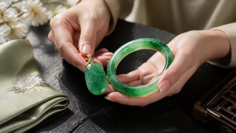 Jadeite bangle on wet marble ledge, soft light, elegant spa mood