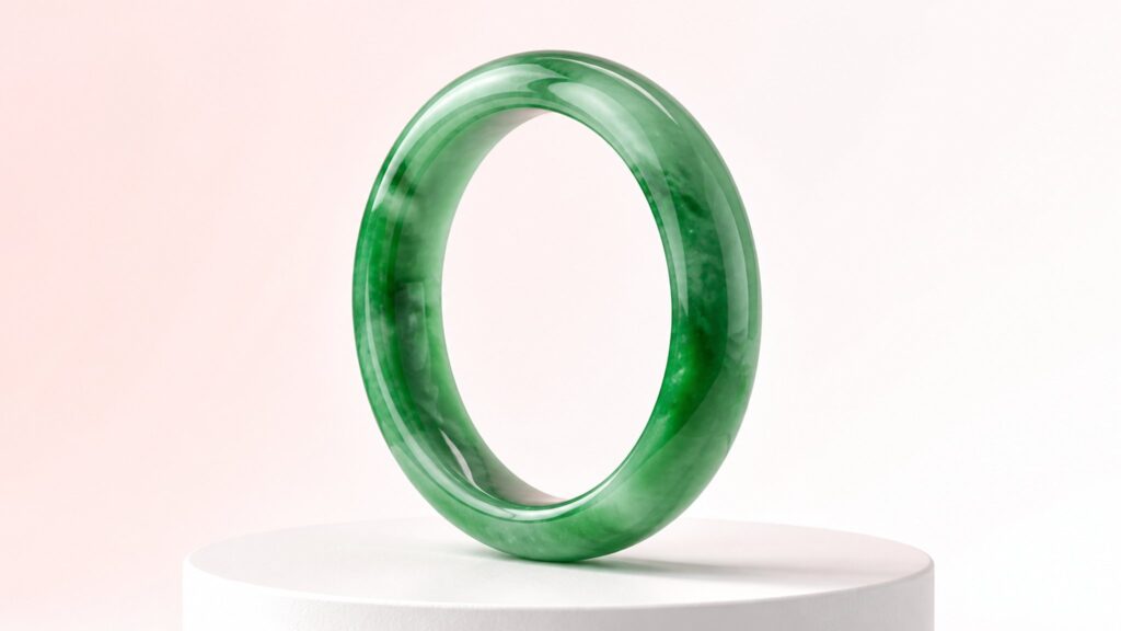 A jade bangle resting on a silk cloth, softly lit, evoking calm luxury