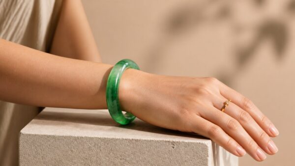 Jadeite bangle on silk cloth with soft natural light, elegant luxury mood