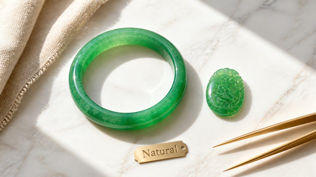 Elegant jadeite bangle on silk, soft studio light, luxury jewelry display