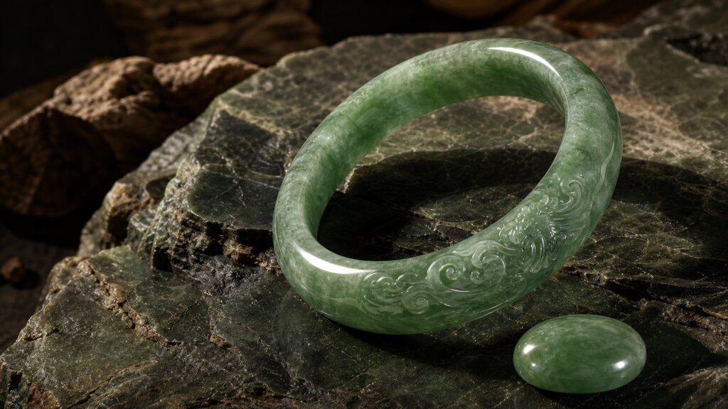 A close-up of a polished green jadeite pendant resting on dark silk, bathed in soft studio light