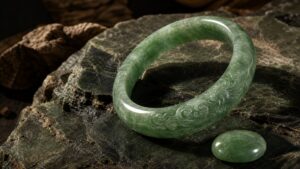A close-up of a polished green jadeite pendant resting on dark silk, bathed in soft studio light
