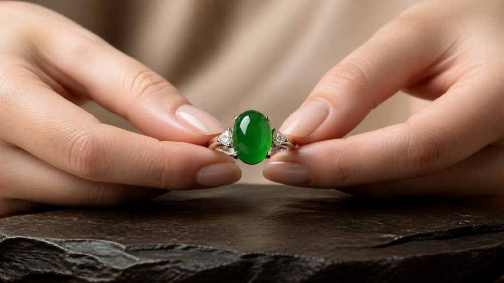A woman's hand displaying a polished jadeite ring, soft studio lighting, luxury jewelry aesthetic