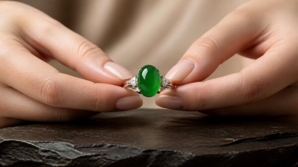 A woman's hand displaying a polished jadeite ring, soft studio lighting, luxury jewelry aesthetic