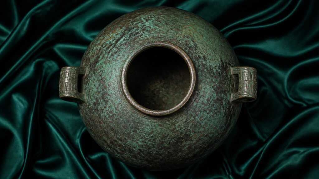 Ancient Chinese bronze vessel with verdigris patina, softly lit on dark silk