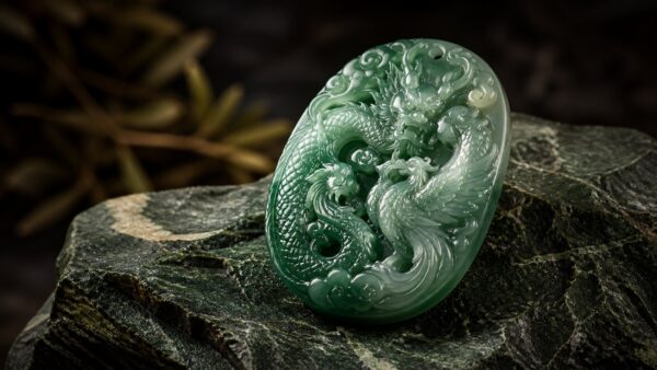 Polished jade pendant on dark silk, soft light, elegant luxury mood