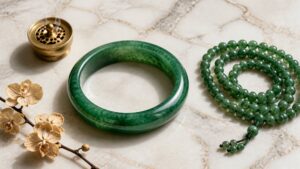 Luxurious jadeite bangle and bead necklace displayed on silk with soft lighting