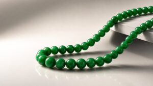 Lustrous jadeite bead necklace elegantly draped on dark silk fabric