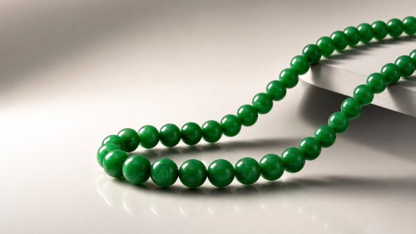 Lustrous jadeite bead necklace elegantly draped on dark silk fabric