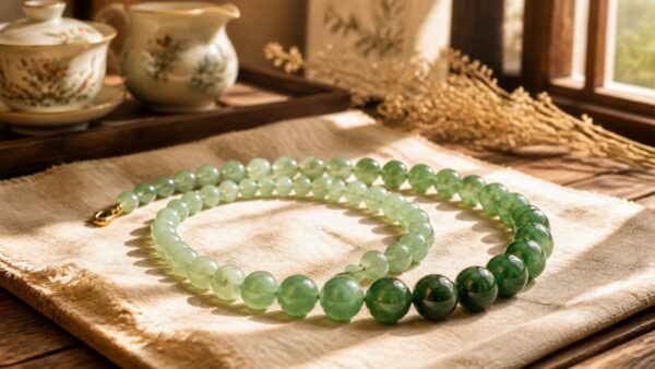 A jadeite bead necklace resting on dark silk, glowing translucent green beads in soft light