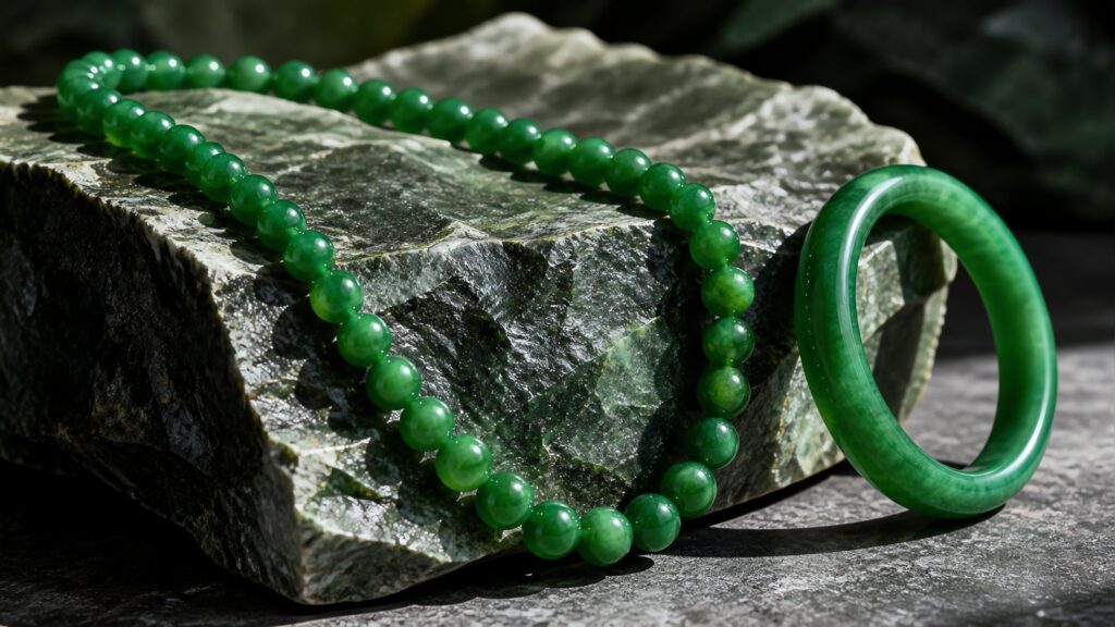 Luxury jadeite bead necklace and bangle displayed on silk, soft studio lighting