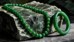 Luxury jadeite bead necklace and bangle displayed on silk, soft studio lighting