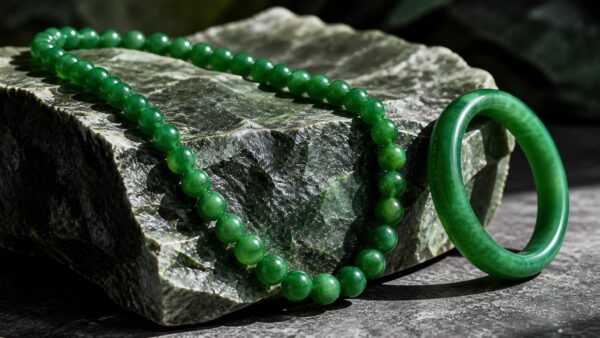 Luxury jadeite bead necklace and bangle displayed on silk, soft studio lighting