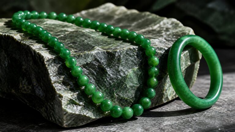 Luxury jadeite bead necklace and bangle displayed on silk, soft studio lighting