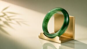 Lustrous jadeite bangle resting on silk fabric, soft light highlighting its deep green translucency