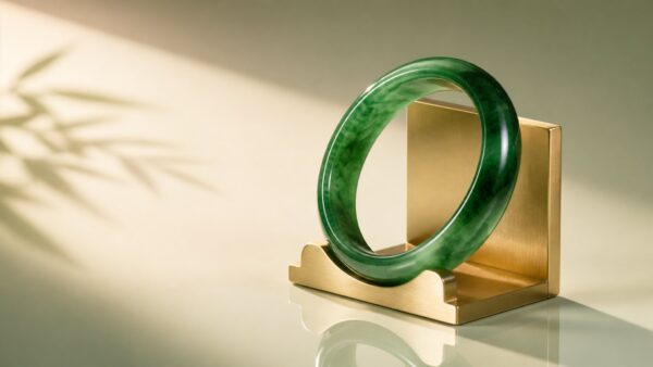 Lustrous jadeite bangle resting on silk fabric, soft light highlighting its deep green translucency