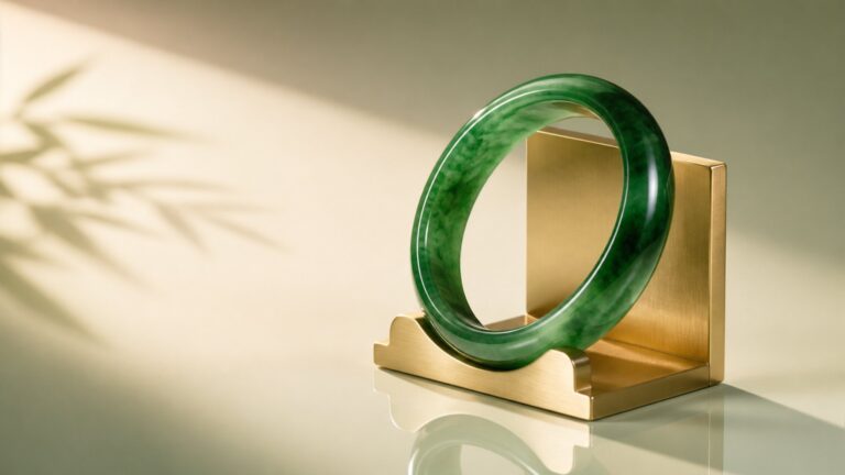 Lustrous jadeite bangle resting on silk fabric, soft light highlighting its deep green translucency
