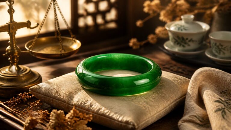 A vivid green jadeite pendant on a dark silk backdrop, glowing softly under studio lighting
