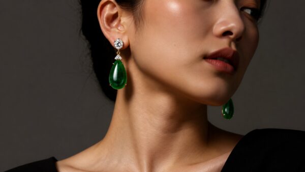 Elegant jadeite earrings displayed on a silk backdrop, softly lit luxury product photography