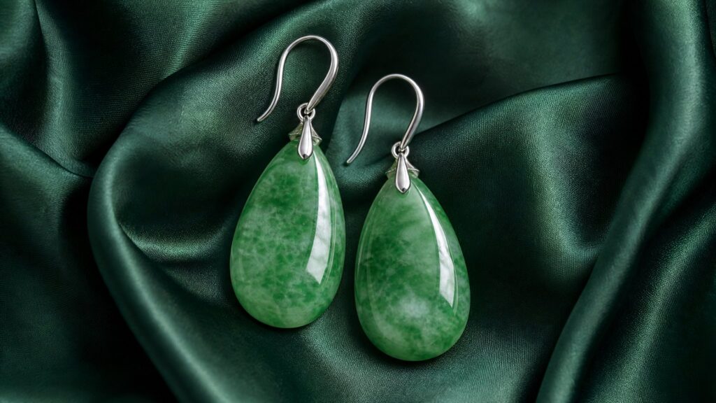 Elegant jadeite earrings displayed on a silk cloth, soft lighting, luxurious mood