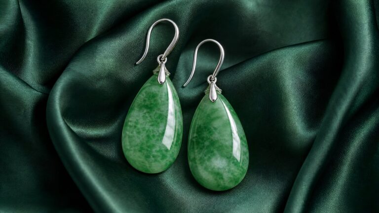 Elegant jadeite earrings displayed on a silk cloth, soft lighting, luxurious mood