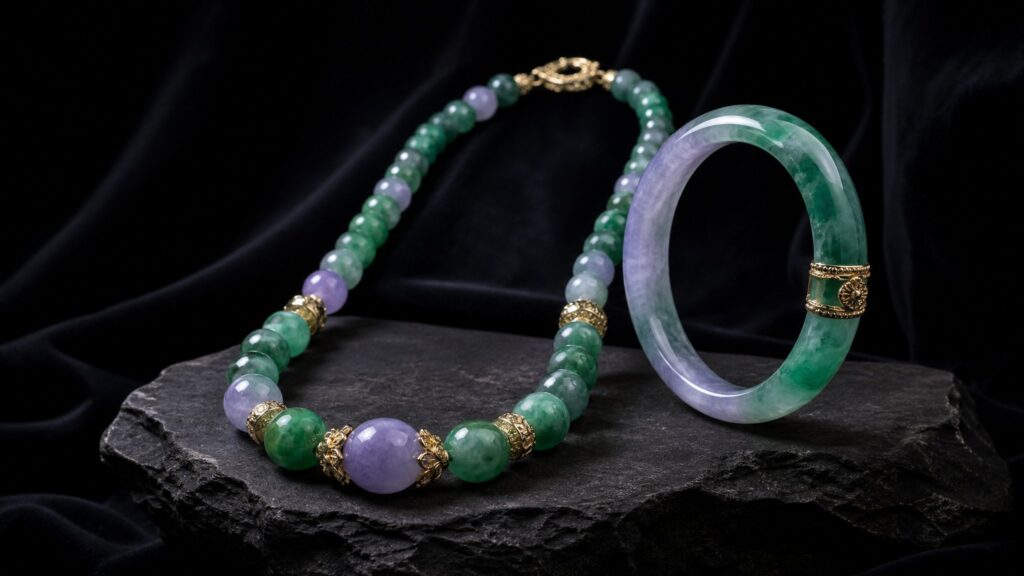 Elegant jadeite necklace and bracelet displayed on silk, soft studio lighting, luxury mood