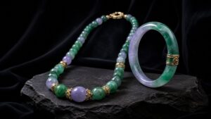 Elegant jadeite necklace and bracelet displayed on silk, soft studio lighting, luxury mood