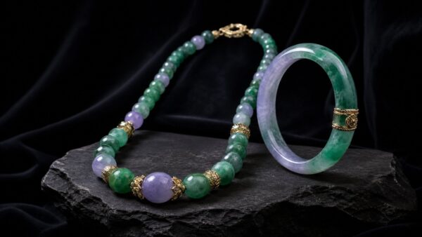 Elegant jadeite necklace and bracelet displayed on silk, soft studio lighting, luxury mood