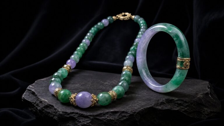 Elegant jadeite necklace and bracelet displayed on silk, soft studio lighting, luxury mood