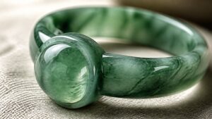 Jadeite ring on silk cushion, soft studio lighting, elegant luxury product photography