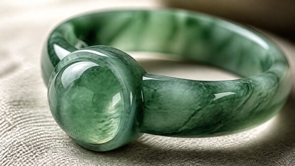 Jadeite ring on silk cushion, soft studio lighting, elegant luxury product photography