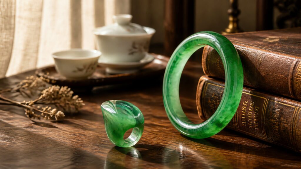 Elegant jadeite saddle ring and bangle displayed on silk, soft studio lighting, luxury mood