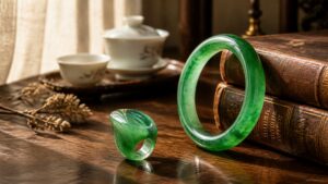 Elegant jadeite saddle ring and bangle displayed on silk, soft studio lighting, luxury mood