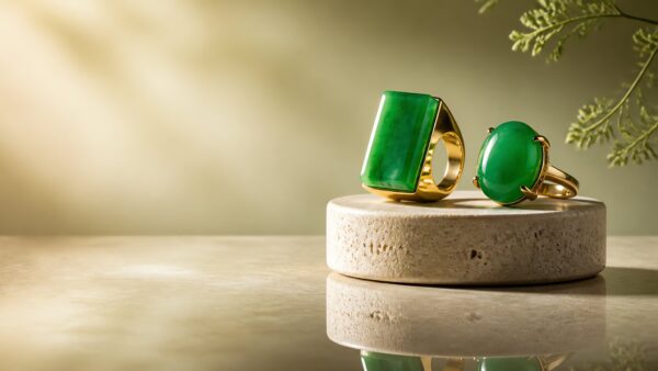 A jadeite saddle ring and cabochon ring side by side on dark velvet, soft lighting