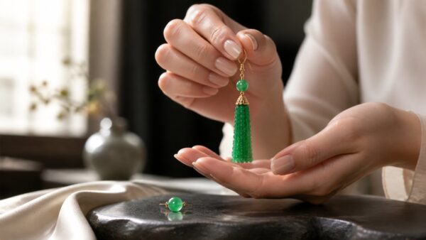 Elegant jadeite tassel earrings draped over a silk cloth, soft studio lighting, luxury mood