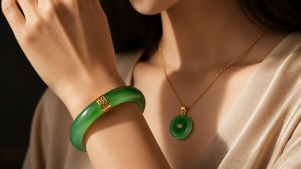 Luminous green jadeite bangle and pendant on dark silk, elegant luxury still life