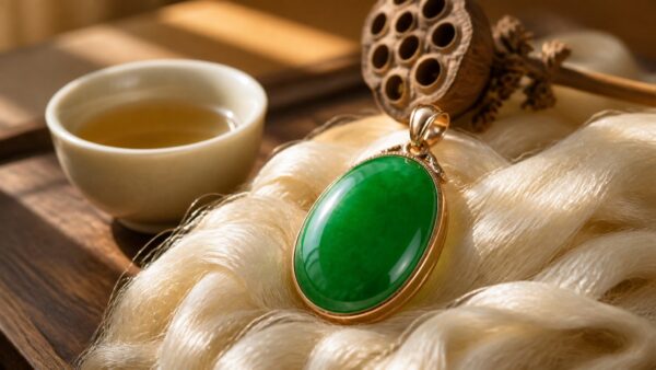 A polished green jadeite pendant on a dark silk cloth, softly lit