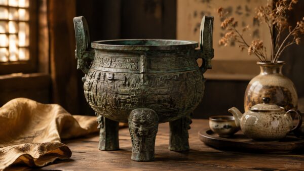Luxury bronze ritual vessel with verdigris patina displayed on dark silk, moody gallery lighting