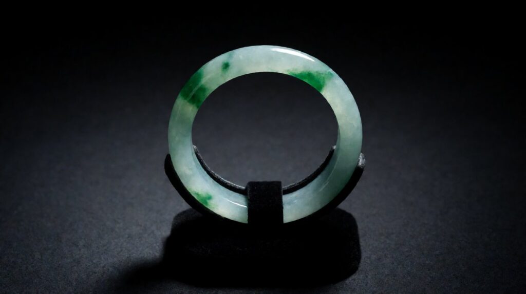 A translucent icy jadeite bangle with drifting green patches rests on dark silk under soft light