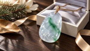 A translucent ice-type jadeite bangle glowing with floating green and violet hues on a soft neutral surface