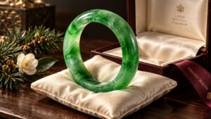 A polished jadeite bangle resting on dark silk in soft light, elegant and serene luxury product photograph