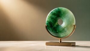 A polished jade bangle and carved pendant resting on dark silk, glowing under soft gallery lighting