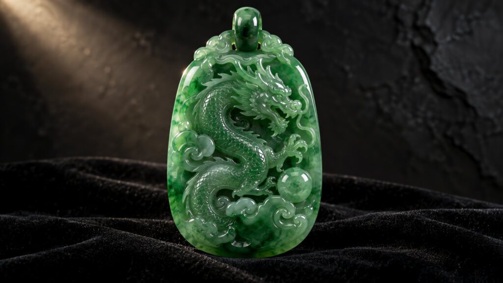 A carved jade pendant resting on dark silk beside antique Chinese porcelain in soft museum lighting