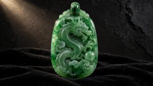A carved jade pendant resting on dark silk beside antique Chinese porcelain in soft museum lighting