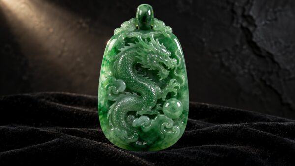 A carved jade pendant resting on dark silk beside antique Chinese porcelain in soft museum lighting