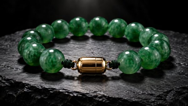 Elegant jadeite bead bracelet with gold clasp displayed on soft silk, warm luxury lighting