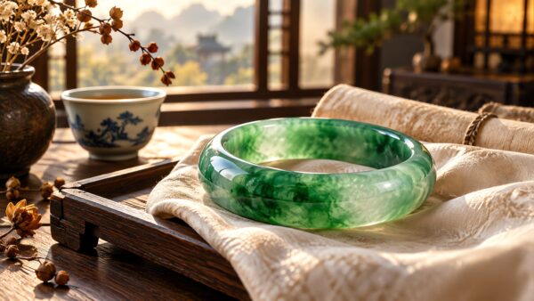A polished jadeite bangle resting on dark silk under soft studio light, showing vivid green color and translucent texture