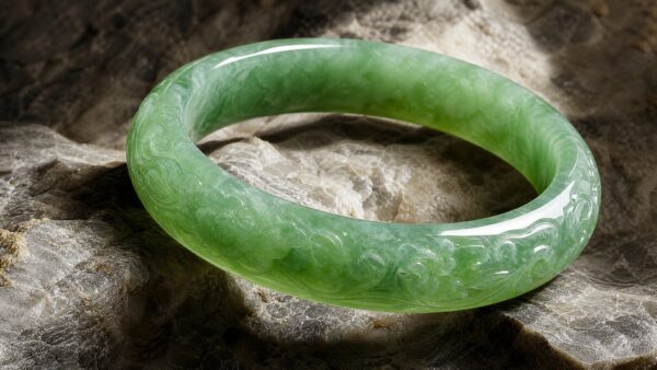 A polished green jadeite bangle resting on dark silk in soft light, elegant and serene
